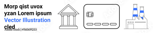 Classic bank building, credit card, and factory with blue accents. Ideal for finance, banking, industrial growth, economics, business operations commerce automation. Landing page