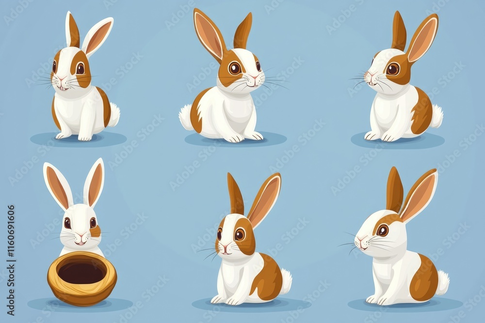 Fototapeta premium Four rabbits sit side by side, looking friendly