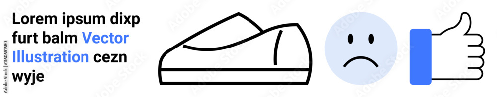 Casual shoe, sad face emoticon, thumbs up icon. Ideal for user feedback, reviews, satisfaction, product lifecycle, consumer behavior, evaluation, sentiment analysis. Landing page Casual shoe, sad face emoticon, thumbs up icon. Ideal for user feedback, reviews, satisfaction, product lifecycle, consumer behavior, evaluation, sentiment analysis. Landing page