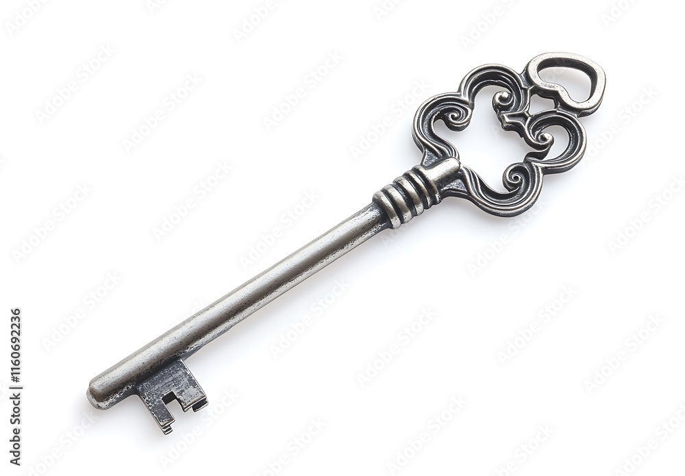 Ornate silver key with curved top and simple shaft on white background. Ornate silver key with curved top and simple shaft on white background.