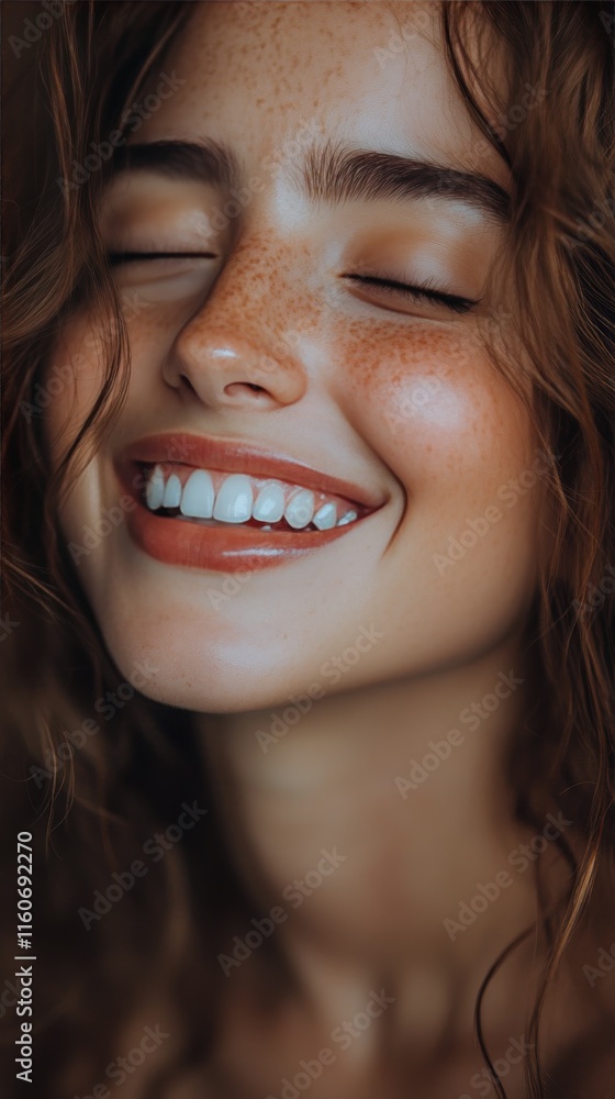 Woman with curly hair and freckles smiling brightly in a warm atmosphere Woman with curly hair and freckles smiling brightly in a warm atmosphere