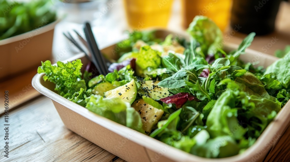 Fresh salad in eco-friendly bowl placed on a table at a healthy food cafe during lunchtime Fresh salad in eco-friendly bowl placed on a table at a healthy food cafe during lunchtime