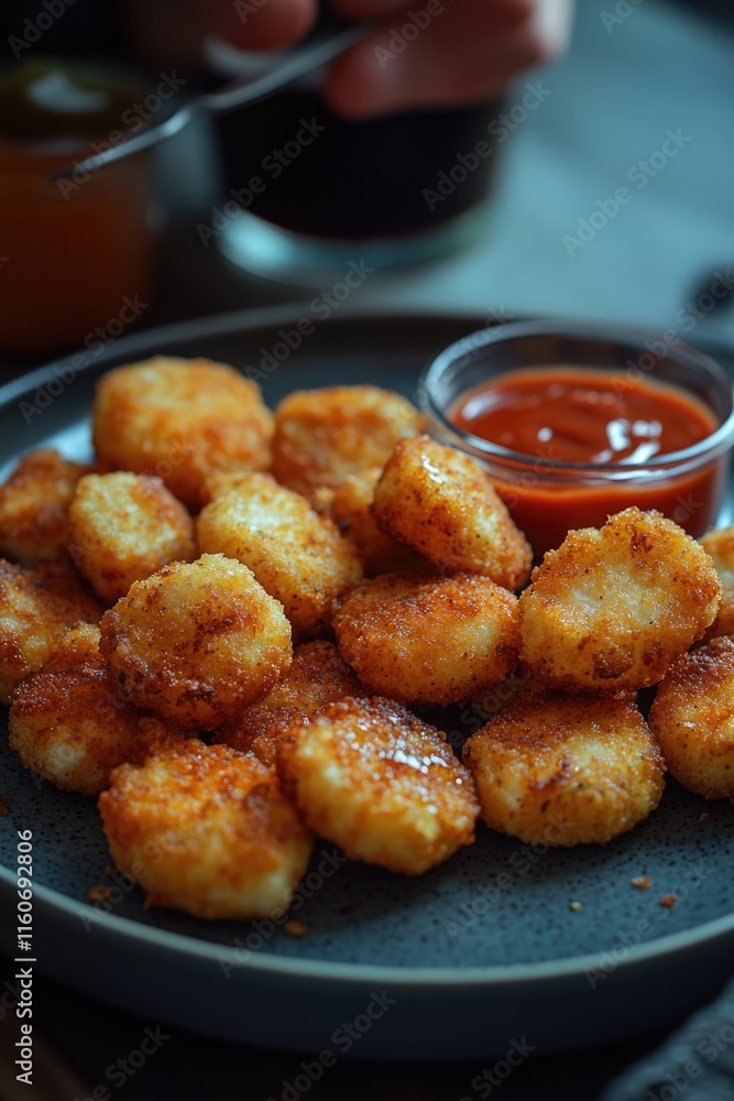 A plate of crispy fried tater tots served with ketchup, perfect for snacking or as a side dish A plate of crispy fried tater tots served with ketchup, perfect for snacking or as a side dish