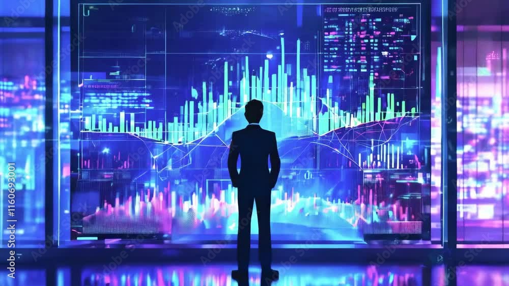 Silhouette of a Businessman in Front of Digital Stock Market Trading Graphs showcasing Data and Trends new beautiful stock video footage animation AI Silhouette of a Businessman in Front of Digital Stock Market Trading Graphs showcasing Data and Trends new beautiful stock video footage animation AI