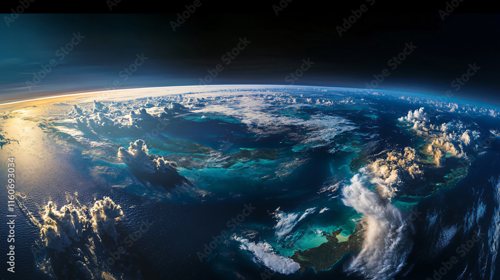 Fototapeta premium A panoramic vision of Earth, showing vibrant landscapes and clouds over vast oceans.