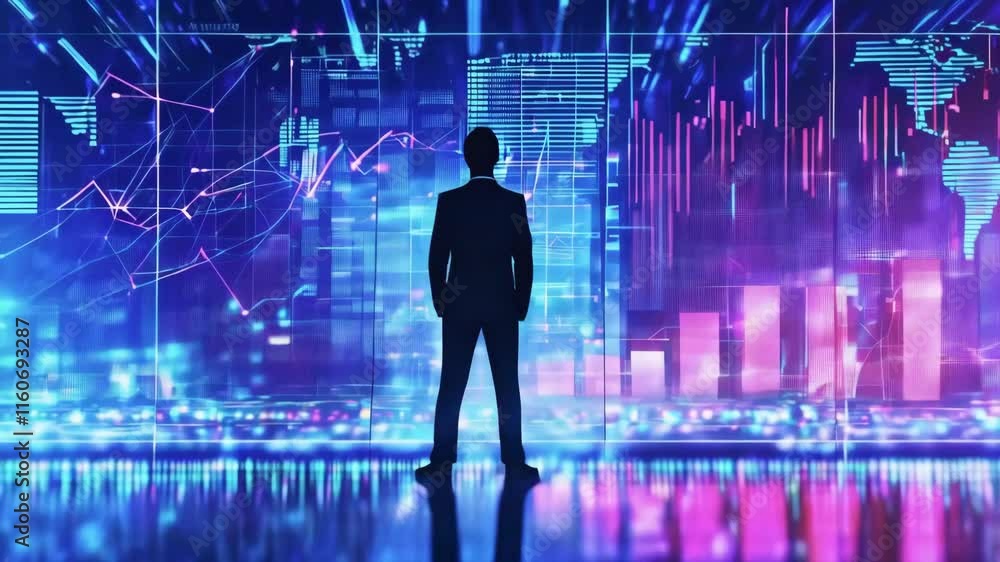 Silhouette of a Businessman in Front of Digital Stock Market Trading Graphs showcasing Data and Trends new beautiful stock video footage animation AI Silhouette of a Businessman in Front of Digital Stock Market Trading Graphs showcasing Data and Trends new beautiful stock video footage animation AI