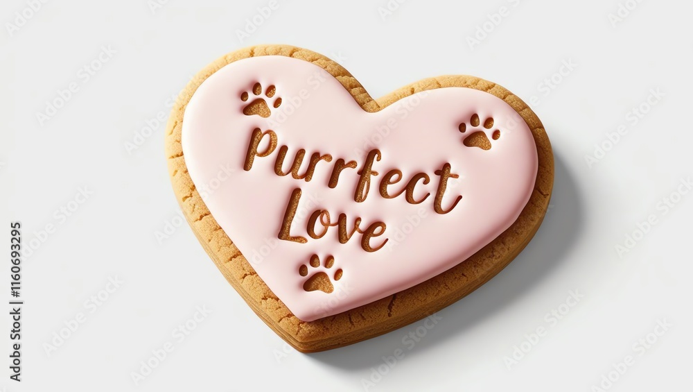 Heart-shaped cookie with pink icing and paw prints, conveying love for pets. Heart-shaped cookie with pink icing and paw prints, conveying love for pets.