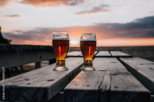 two glasses of beer sit on a wooden table photo