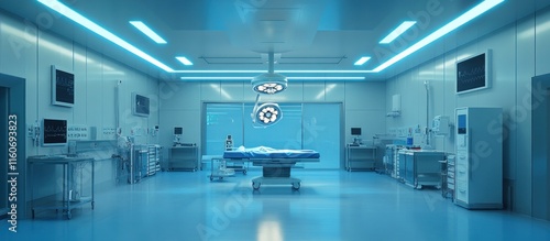Empty modern surgical operating room with medical equipment, blue lighting, and a surgical table.