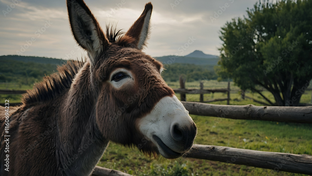 Brown Horse and Donkey Grazing on a Green Pasture: Farm Animals in a Natural Landscape Brown Horse and Donkey Grazing on a Green Pasture: Farm Animals in a Natural Landscape