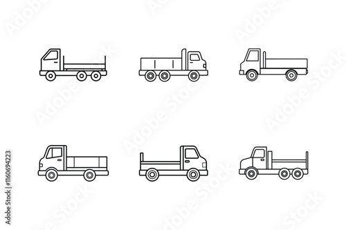 flatbed truck icon line art vector illustration, set of transport icons