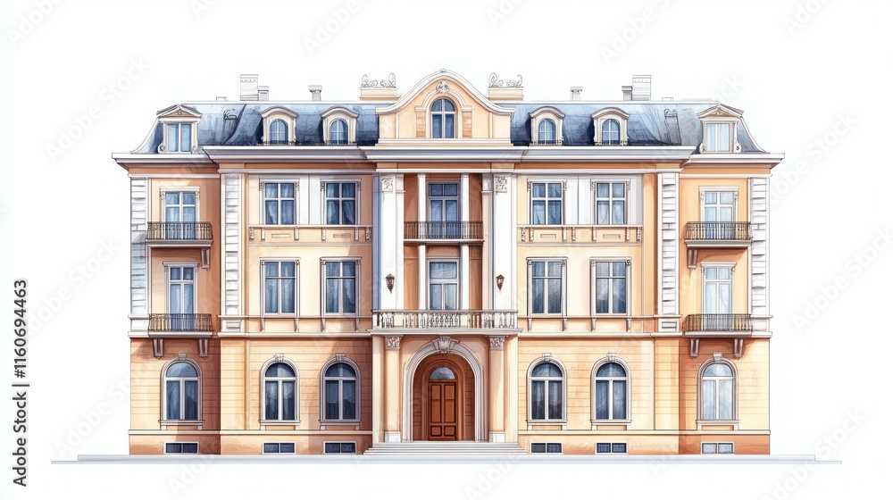 Fototapeta premium Grand classical building facade, three stories, pale yellow, with balconies and columns.