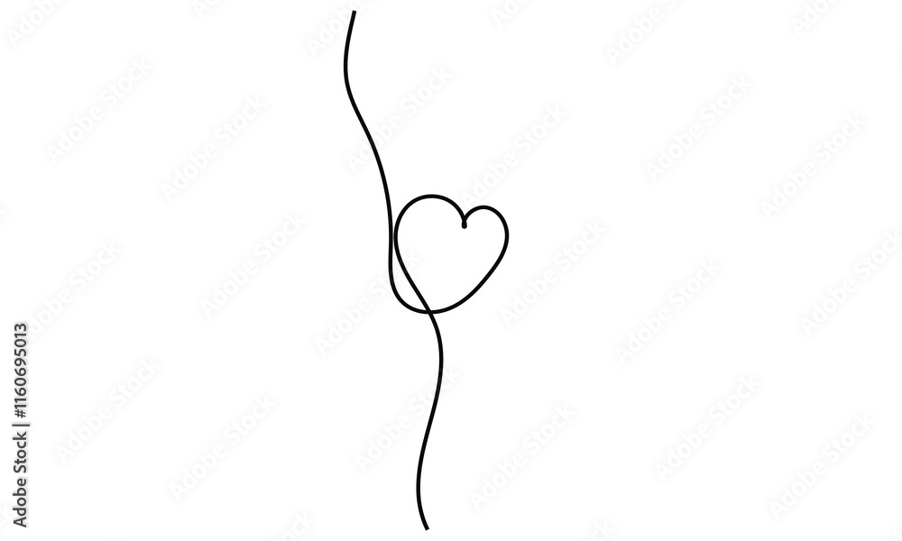 Heart in the middle of a vertical wavy line, Drawing with one black line on a white background . Heart in the middle of a vertical wavy line, Drawing with one black line on a white background .