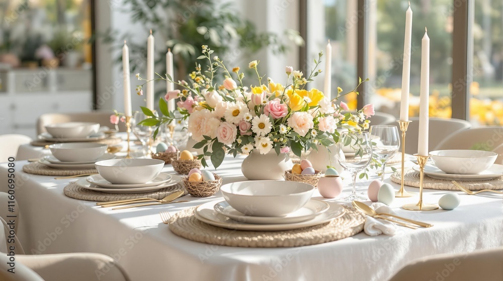 Elegant spring table setting with floral centerpiece and pastel easter eggs Elegant spring table setting with floral centerpiece and pastel easter eggs