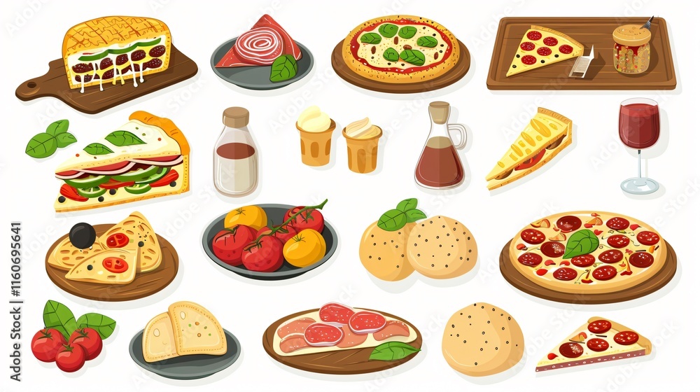 Authentic Italian Food Flat Vector Illustration on White Background Authentic Italian Food Flat Vector Illustration on White Background