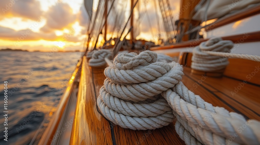 Obraz premium Sailing through majestic mountains with coiled rope on deck near the water during dusk