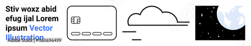 Abstract images of a network card, cloud, and globe with stars conveying technology, internet connectivity, and global reach. Ideal for tech blogs, educational materials, IT services, cloud
