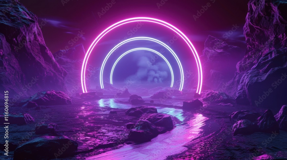 Obraz premium Neon rings illuminating alien landscape.