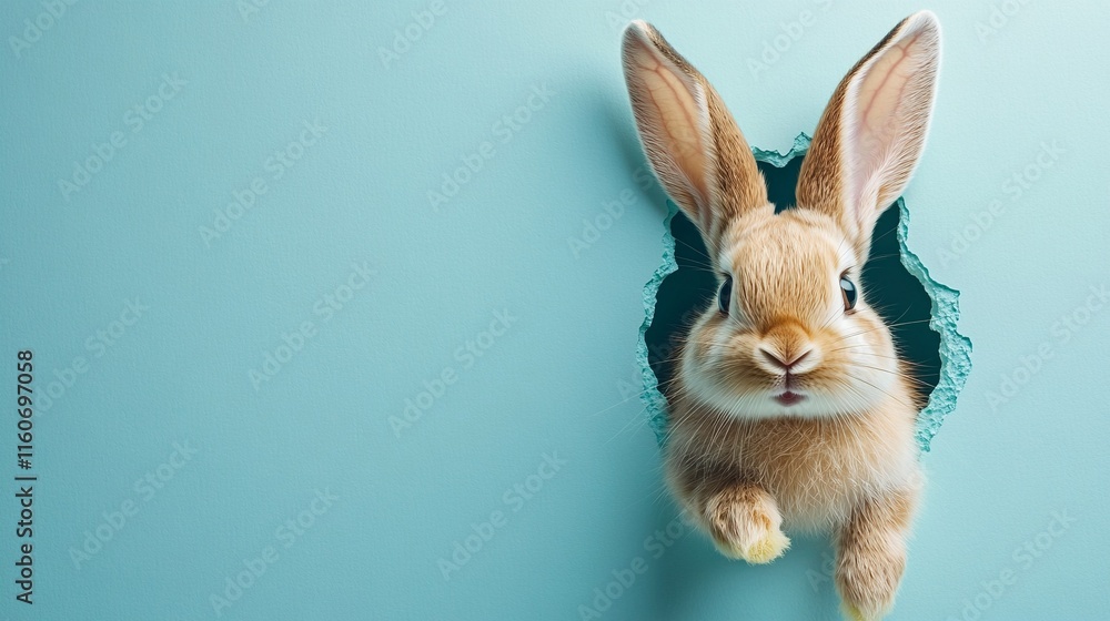 Fototapeta premium A rabbit's head poking out of a hole in the wall.