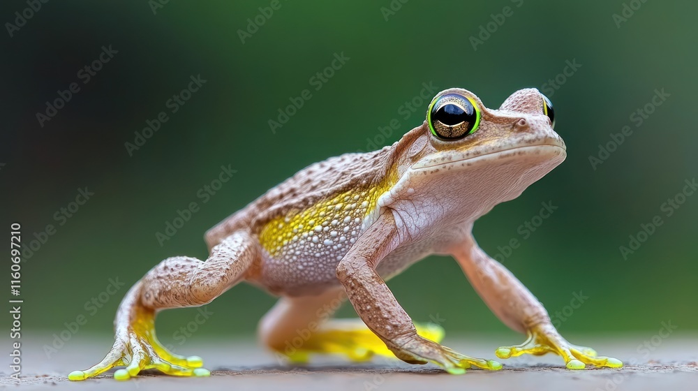 Obraz premium A close-up of a frog with vibrant yellow feet and a curious expression.