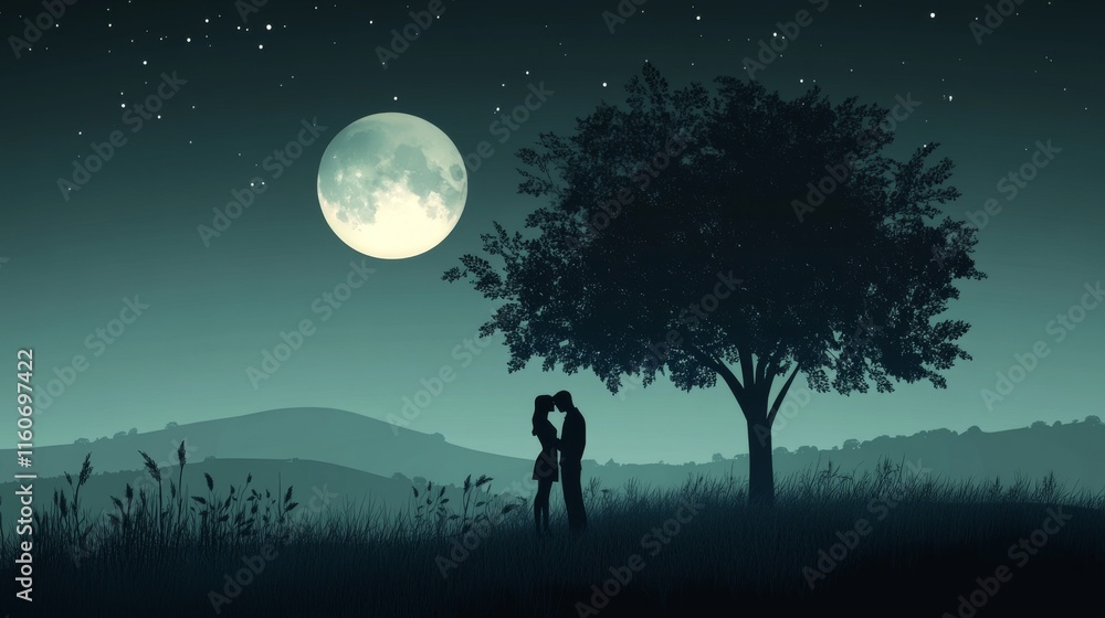 Couple in the moonlit night under the tree loving each other, silhouette design. flat design.
