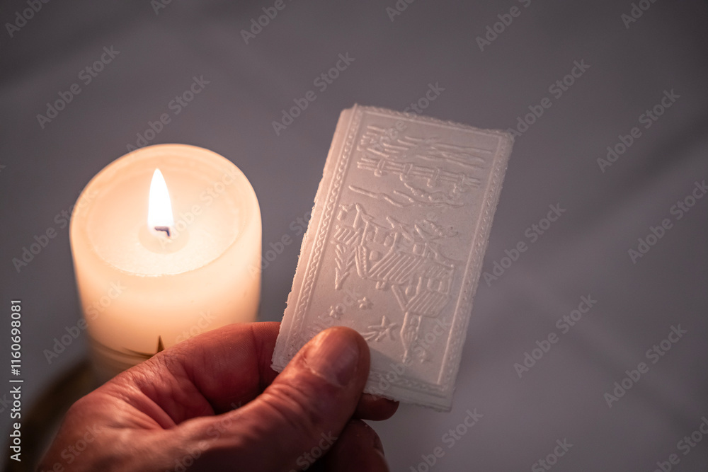 osoba podająca ręką opłatek bożonarodzeniowy obok zapalonej świecy,