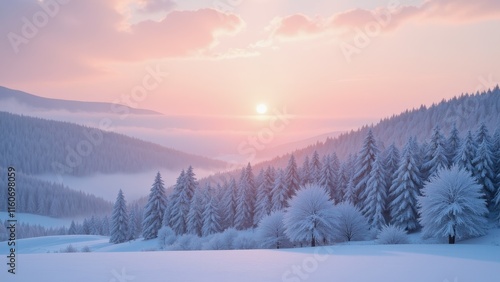 Wallpaper Mural Soft pink hues illuminate a serene winter wonderland, where snow-dusted pine trees stretch towards a majestic mountain range blanketed in pristine white Torontodigital.ca