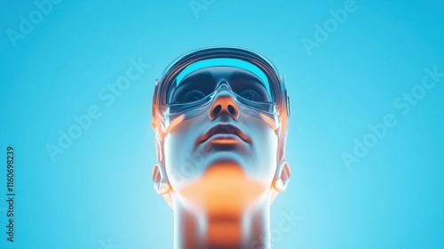 Futuristic humanoid figure wearing high-tech goggles against a vibrant blue background.