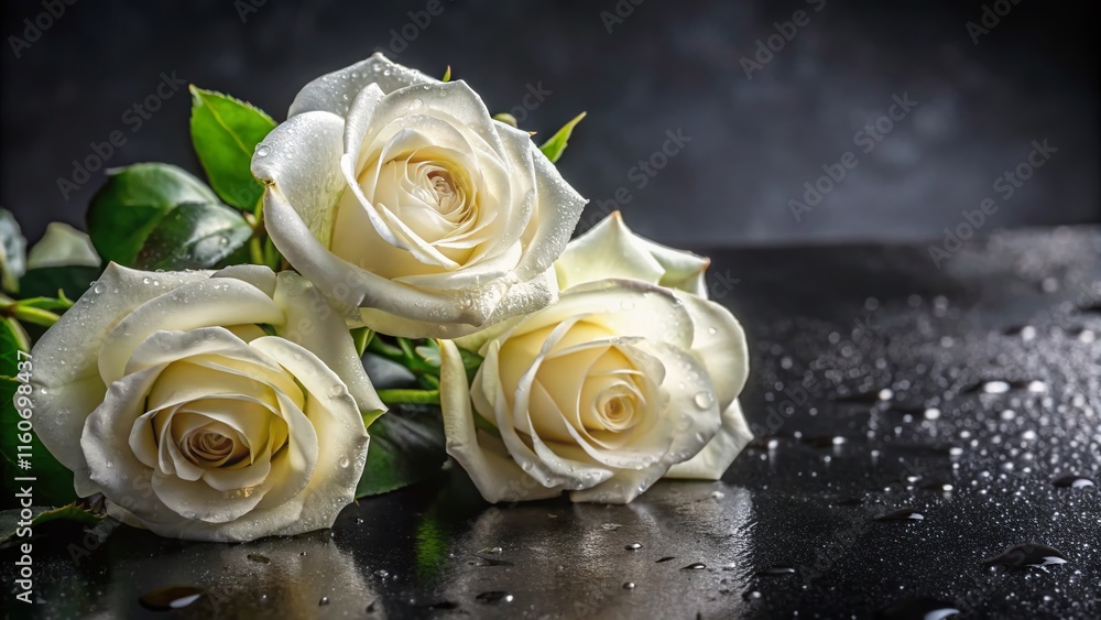 Elegant White Roses on a Wet Black Background - AI Photo Elegant White Roses on a Wet Black Background - AI Photo