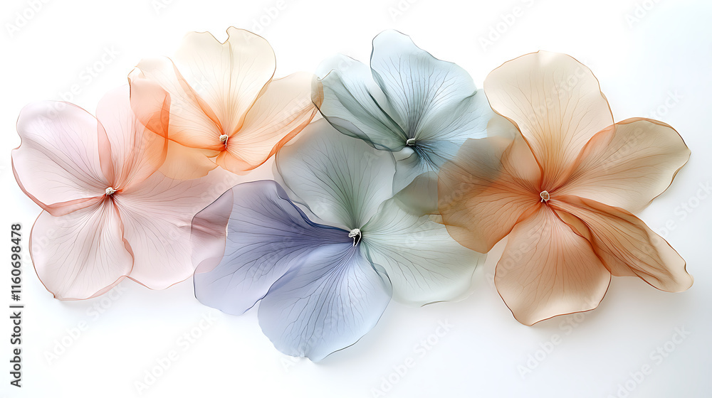 Naklejka premium Delicate petals in soft hues layered elegantly on a plain white background 