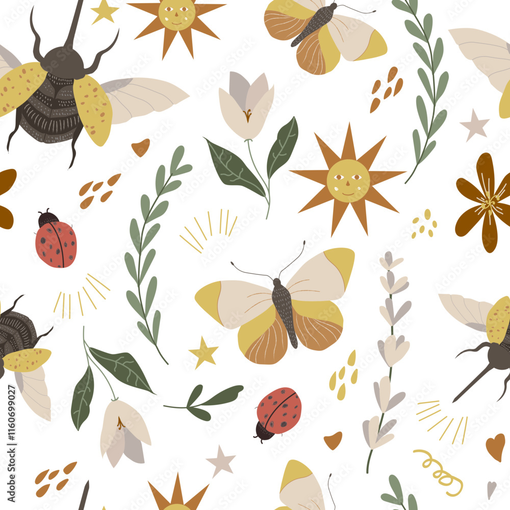 Fototapeta premium Vector illustration of a detailed black beetle with outstretched wings among colorful butterflies and elegant flowers. Bright, stylized insects and botanical elements. Children's seamless pattern with