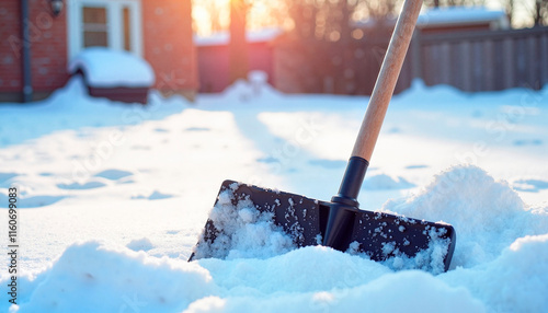 Snow shovel in winter yard at sunset