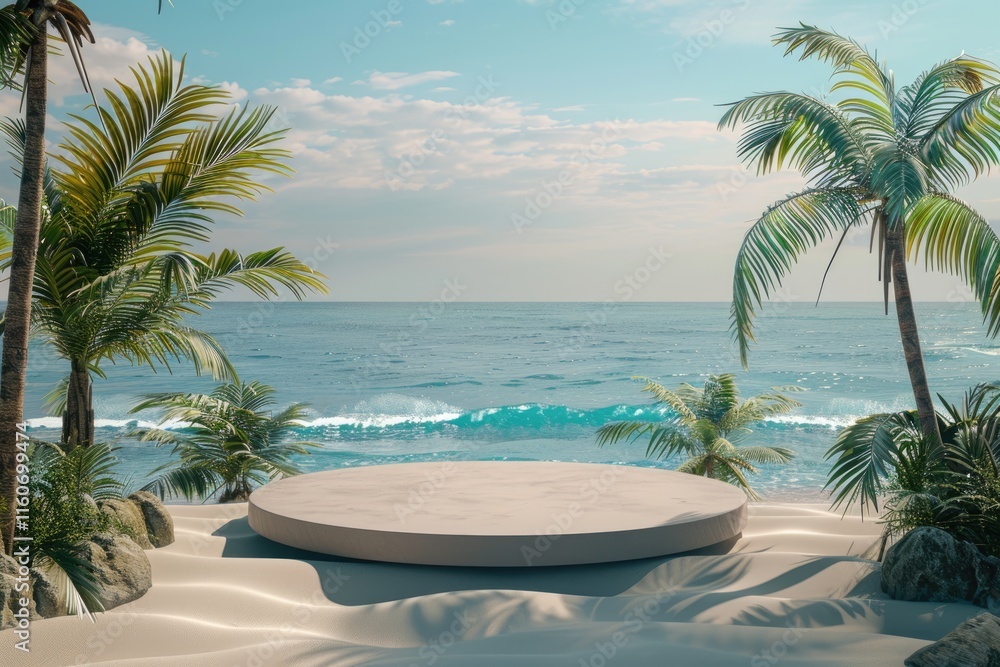 Fototapeta premium Tropical beach podium for product presentation 3D render.