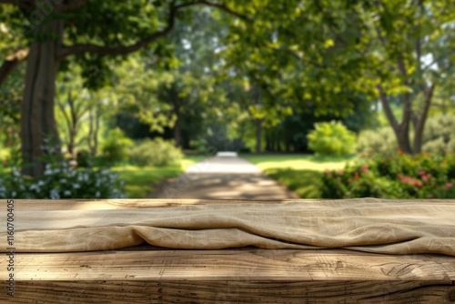 Wooden table with nature background for product display template photo