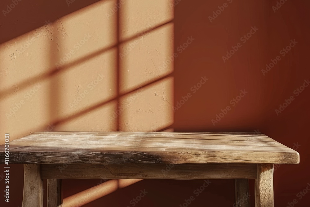 Empty table mockup for product presentation on brown wall.