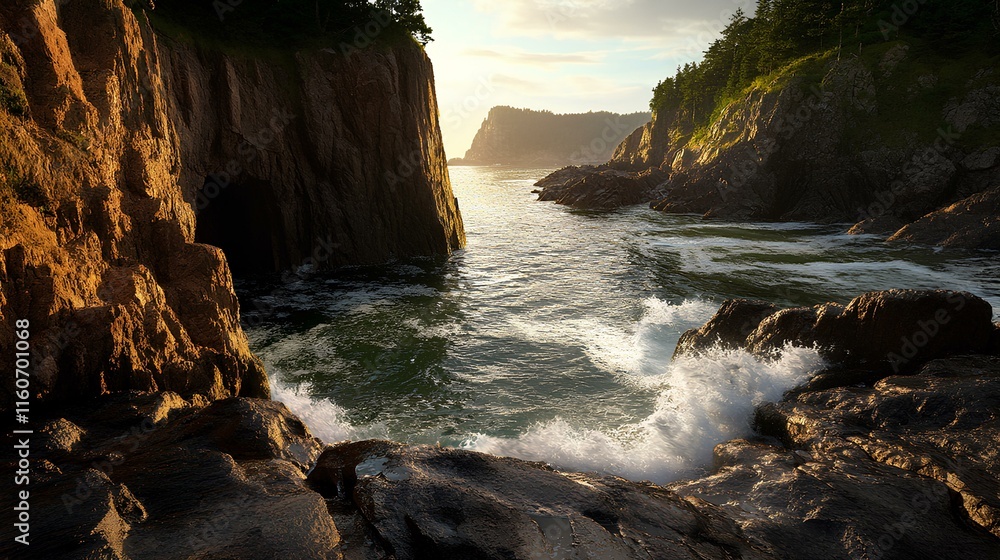 Obraz premium A rocky cliff with sharp, jagged edges and waves crashing at its base