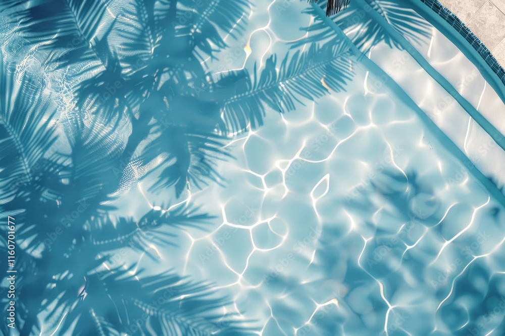 Swimming pool top view background. Water ring and palm shadow on travertine stone Swimming pool top view background. Water ring and palm shadow on travertine stone