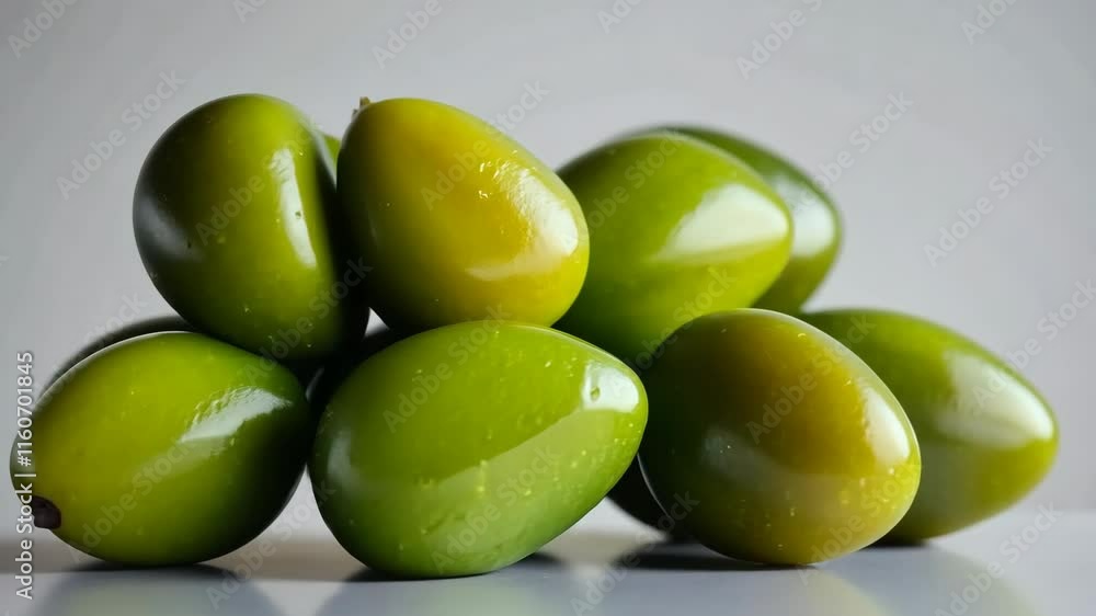 Fresh green olives arranged on a surface, showcasing their shiny, smooth texture and rich color Fresh green olives arranged on a surface, showcasing their shiny, smooth texture and rich color