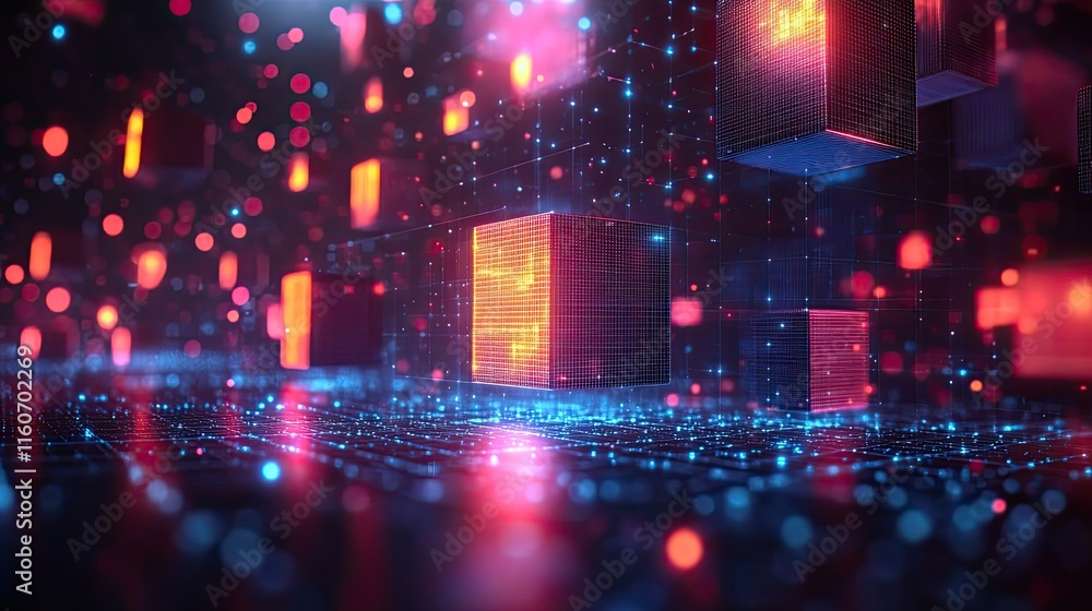 Obraz premium 3D graphic cubes form a wallpaper with blockchain shapes and creative colors. This abstract digital illustration features a blue grid and modern geometric mosaic forms, representing data innovation