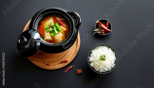 Traditional Haejang Guk with Rice, Spices, and Fresh Ingredients Served in a Black Pot photo