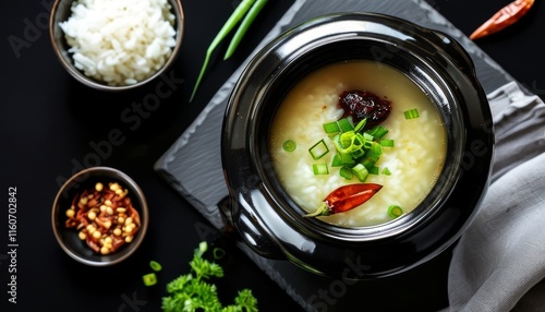 Delicious Hangover Soup Haejang Guk in a Modern Black Stone Pot with Fresh Ingredients photo