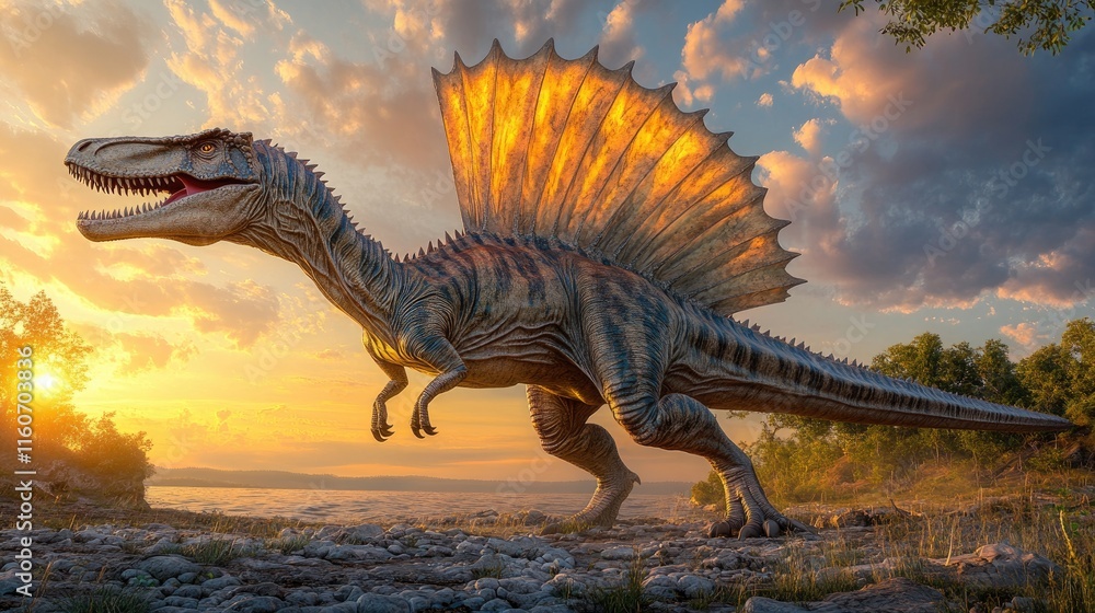 A Spinosaurus stands majestically by a river at sunset, showcasing its distinctive sail. A Spinosaurus stands majestically by a river at sunset, showcasing its distinctive sail.