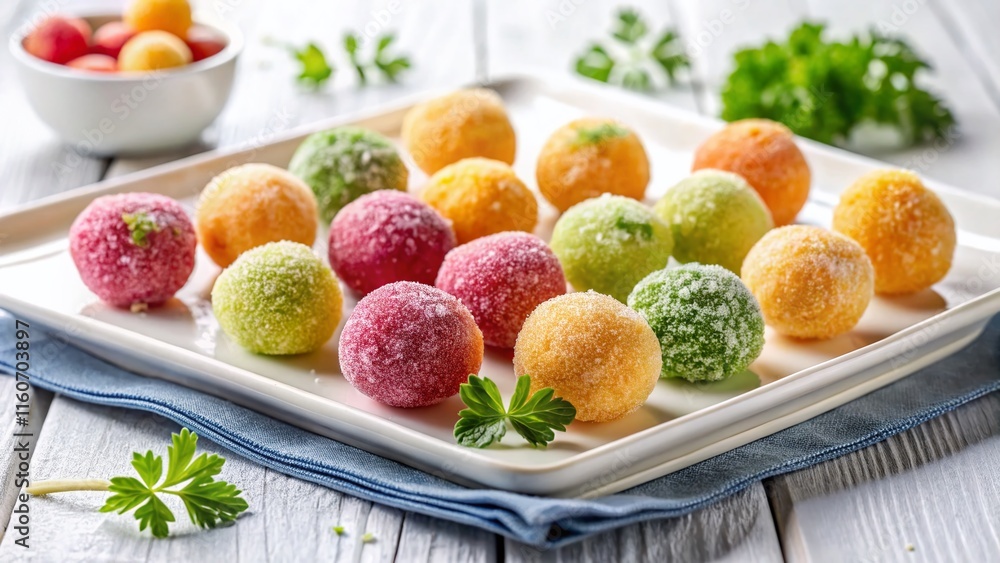 Frozen Potato Balls on White Tray - Gourmet Appetizer Frozen Potato Balls on White Tray - Gourmet Appetizer