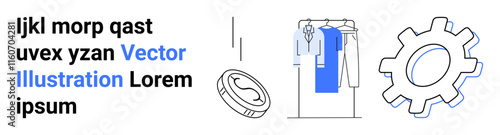 Clothes on a rack, a gear, and a coin surrounded by sample text. Ideal for e-commerce, technology, financial services, retail, user interfaces product features creative designs. Landing page