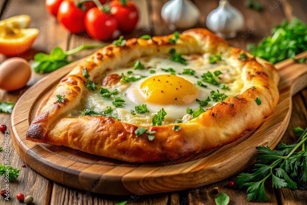 Georgian Khachapuri with Sunny-Side-Up Egg & Herbs - Delicious Food Photography Georgian Khachapuri with Sunny-Side-Up Egg & Herbs - Delicious Food Photography