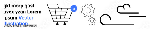 Shopping cart with a notification badge, two settings gears, and a cloud icon with lines. Ideal for e-commerce, online shopping, web design, app development, service settings, technology, cloud