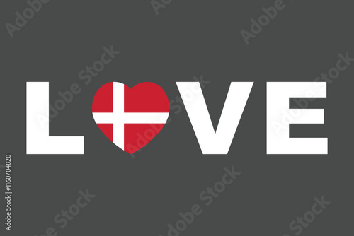 Love Word with Denmark heart shape, Denmark flag vector graphic, Denmark country flag is a symbol of freedom, National Denmark flag, vector illustration
