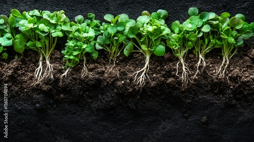 Watercress roots growing in soil. photo