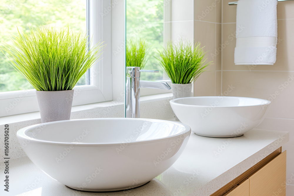Fototapeta premium Modern Bathroom with Dual Sinks, Plants, and Chrome Faucet. Clean design enhances the relaxing atmosphere.