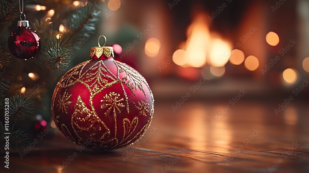 a beautifully decorated christmas ornament on a tree with a cozy fireplace in the background evokes a sense of warmth and holiday spirit a beautifully decorated christmas ornament on a tree with a cozy fireplace in the background evokes a sense of warmth and holiday spirit